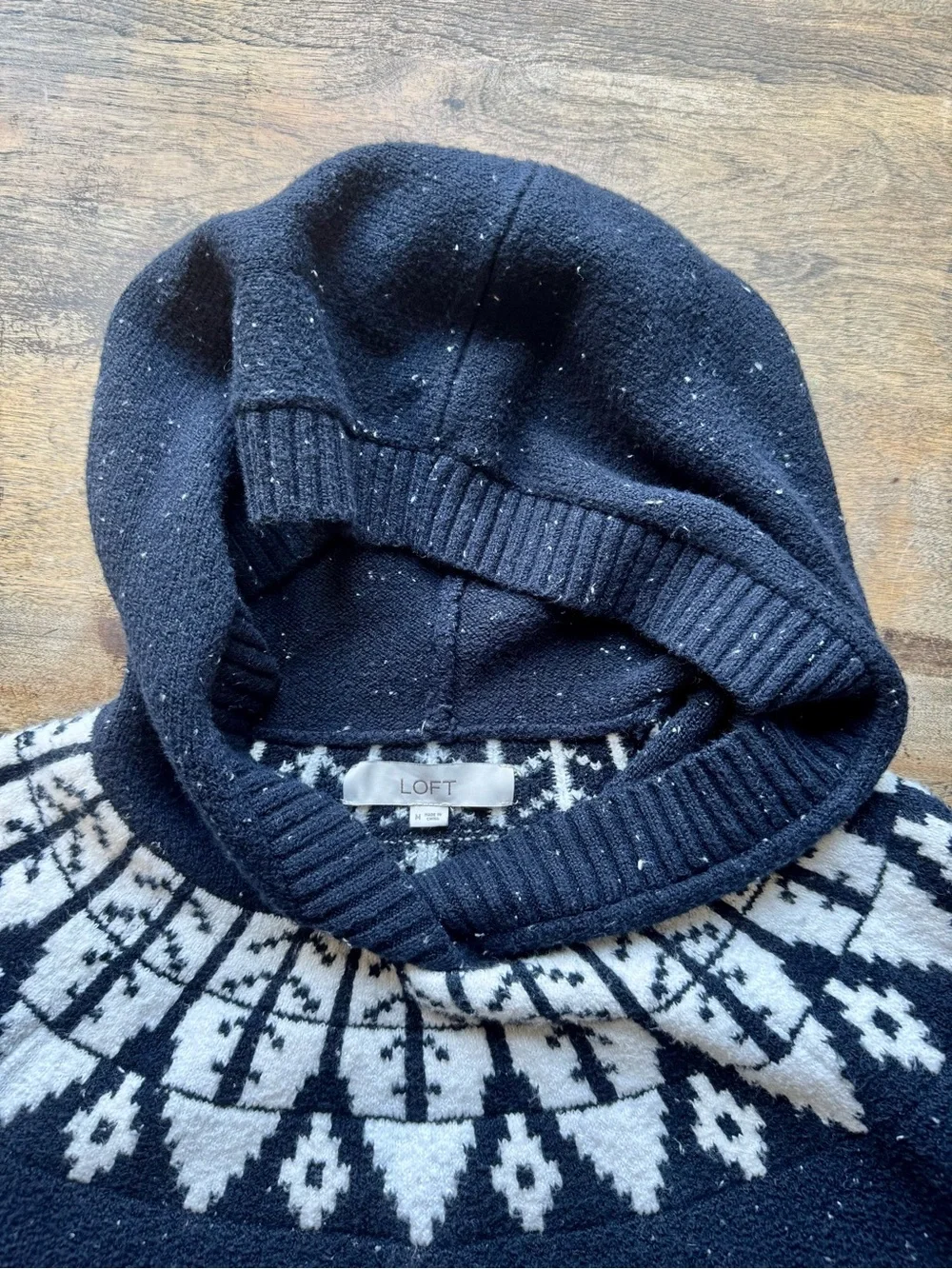 LOFT Navy and White Fair Isle Hooded Sweater